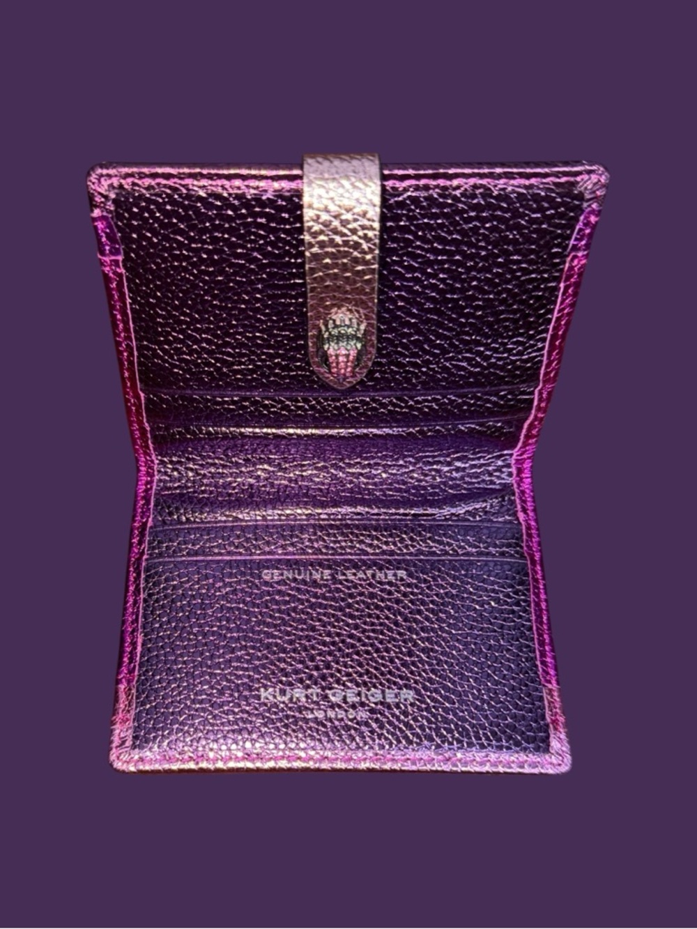 Kurt Geiger Metallic Fuchsia Leather Card Wallet with Gold Strap - Picture 6 of 15